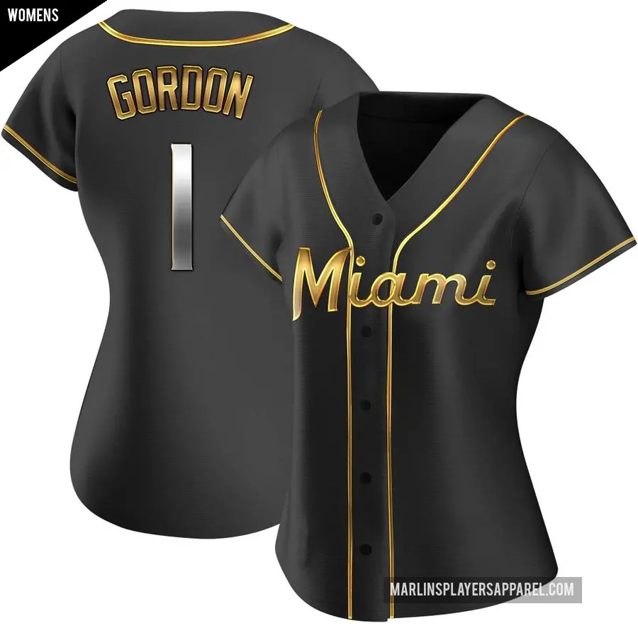 Women's Miami Marlins ＃1 Nick Gordon Replica Gold Black en Alternate Jersey